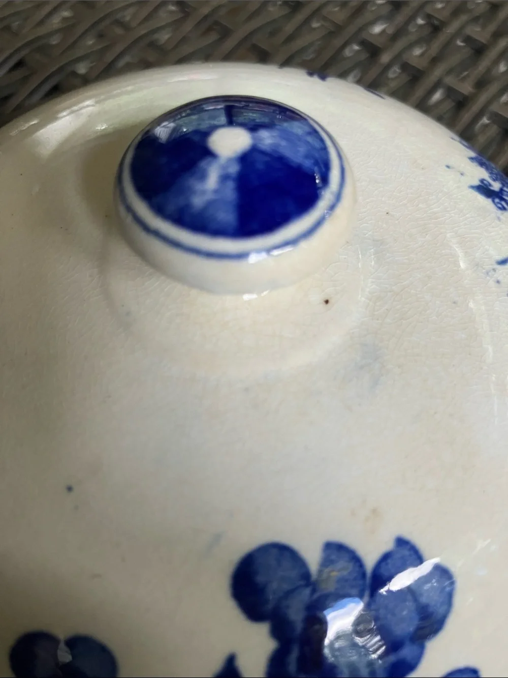 Antique Blue Willow Pagoda Butter Dish cover only stained no chips